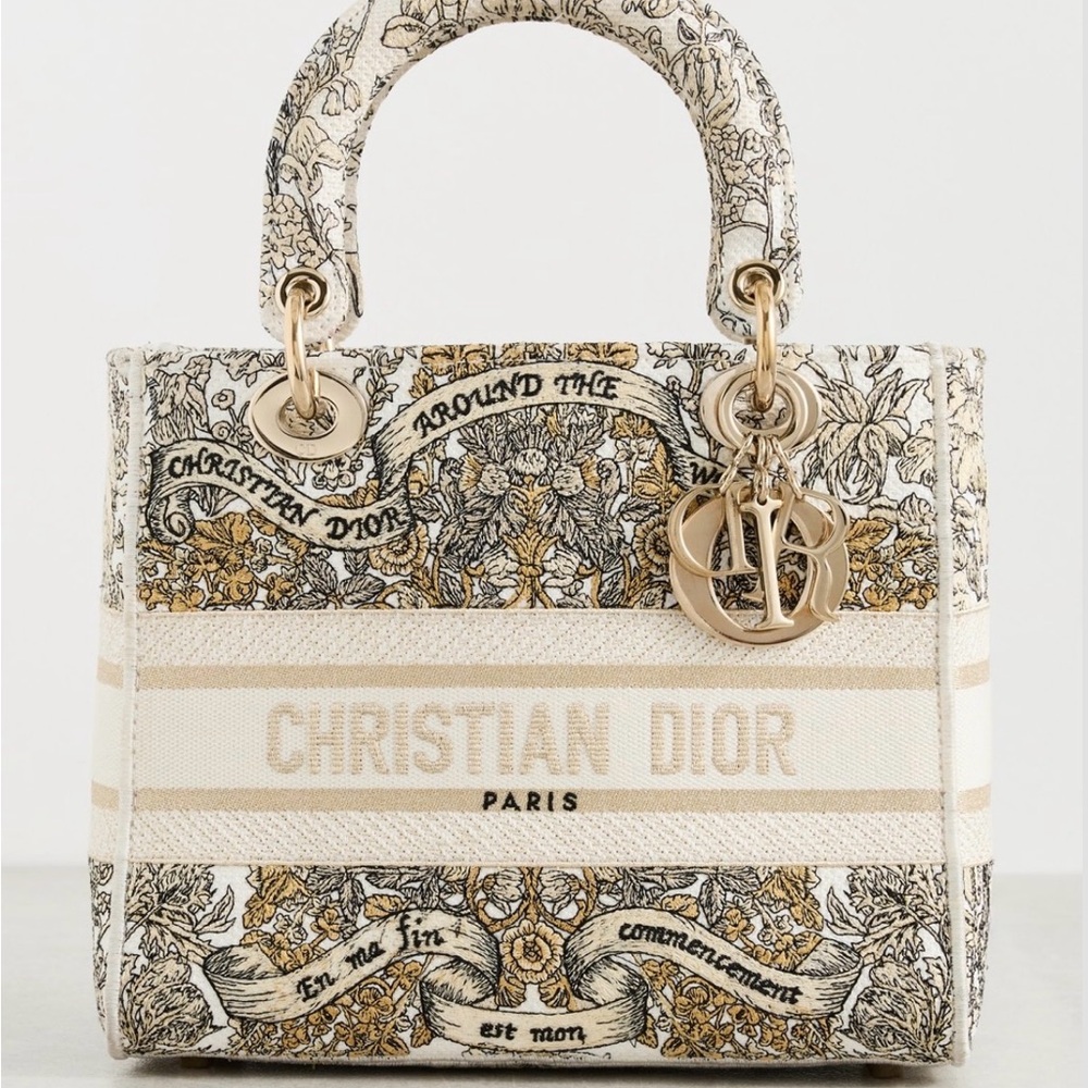 Christian Dior Cream & Gold Embroidered Lady Dior Tote